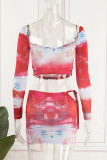 Red Sexy Print Patchwork Square Collar Long Sleeve Two Pieces