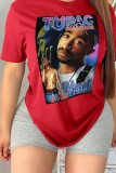 Red Street Print Patchwork O Neck T-Shirts