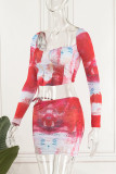 Red Sexy Print Patchwork Square Collar Long Sleeve Two Pieces