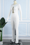 White Sexy Solid Hollowed Out O Neck Skinny Jumpsuits