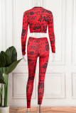 Red Sexy Print Patchwork O Neck Long Sleeve Two Pieces