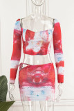 Red Sexy Print Patchwork Square Collar Long Sleeve Two Pieces