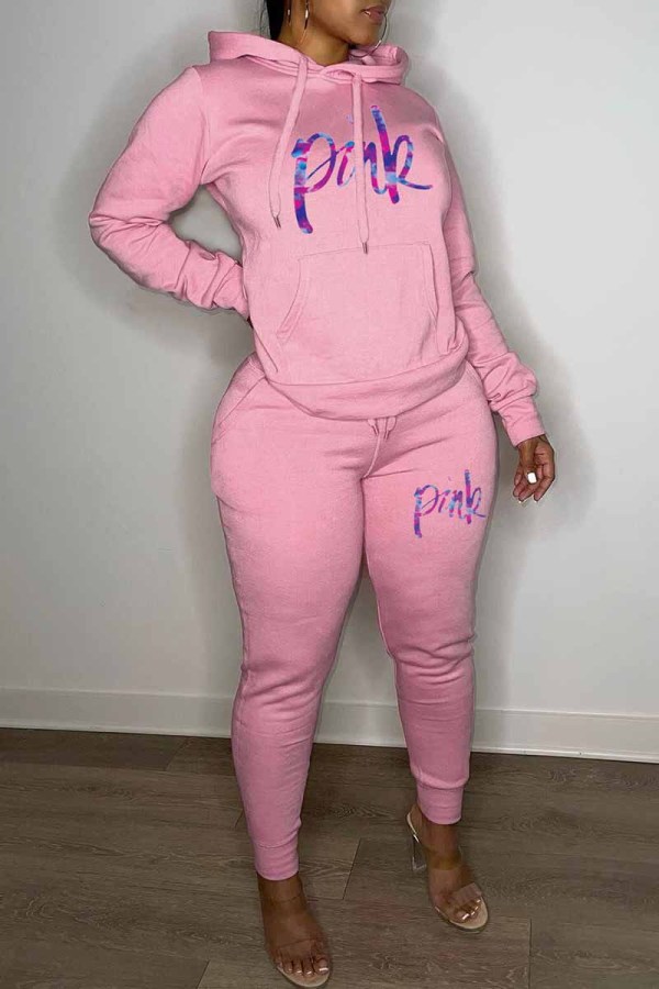Pink Casual Print Letter Hooded Collar Long Sleeve Two Pieces
