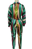 Green Sexy Print Bandage Patchwork Turndown Collar Long Sleeve Two Pieces