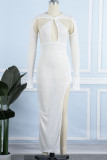 White Sexy Solid Hollowed Out Patchwork See-through Slit Asymmetrical Collar Irregular Dress Dresses