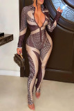 Brown Sexy Print Patchwork Zipper Collar Skinny Jumpsuits