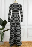 Coffee Casual Striped Print Patchwork O Neck Long Sleeve Two Pieces