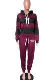 Red Casual Striped Print Patchwork Hooded Collar Long Sleeve Two Pieces