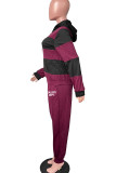Red Casual Striped Print Patchwork Hooded Collar Long Sleeve Two Pieces