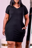 Black Fashion Casual Solid Basic V Neck Short Sleeve Dress