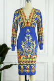 Blue Sexy Print Patchwork V Neck Pencil Skirt Dresses
