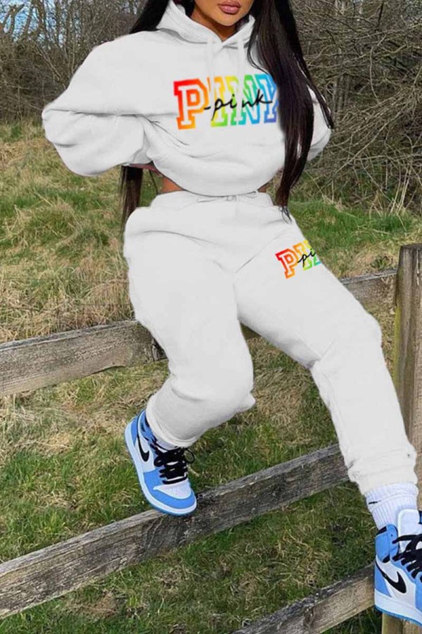White Casual Print Letter Hooded Collar Long Sleeve Two Pieces