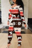Red Sexy Casual Print Hollowed Out O Neck Skinny Jumpsuits