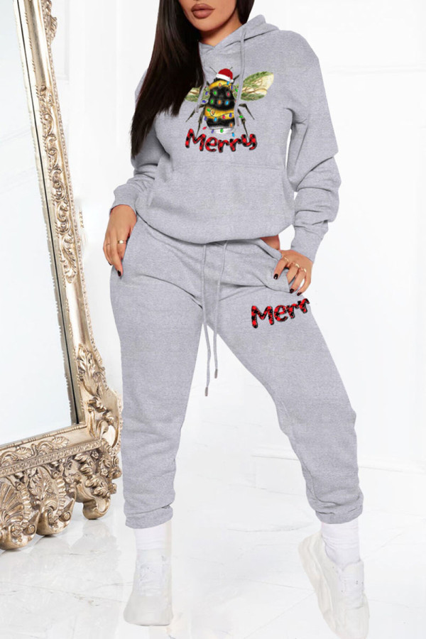 Grey Casual Print Patchwork Hooded Collar Long Sleeve Two Pieces