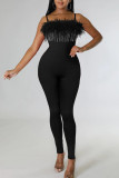 Red Sexy Solid Patchwork Feathers Spaghetti Strap Skinny Jumpsuits