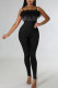 Black Sexy Solid Patchwork Feathers Spaghetti Strap Skinny Jumpsuits