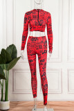 Red Sexy Print Patchwork O Neck Long Sleeve Two Pieces