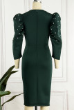 Ink Green Sexy Formal Patchwork Beading V Neck One Step Skirt Dresses