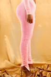 Pink Elastic Fly High Solid Split Draped Boot Cut Pants Bottoms