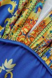 Blue Sexy Print Patchwork V Neck Pencil Skirt Dresses