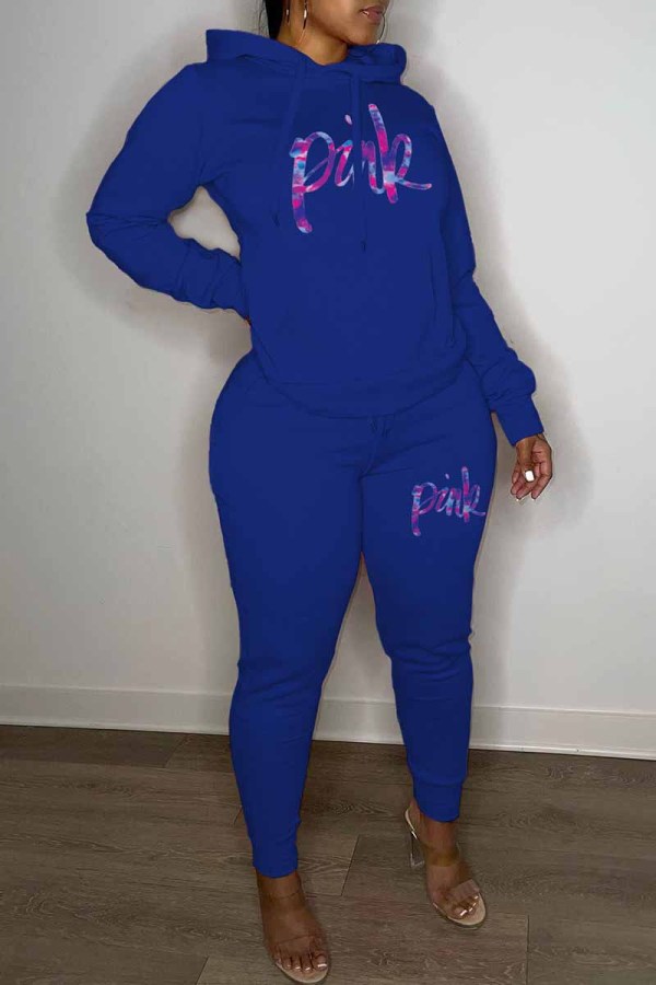 Blue Casual Print Letter Hooded Collar Long Sleeve Two Pieces