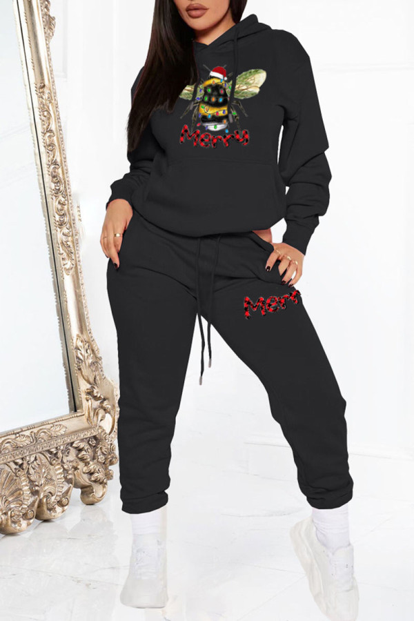 Black Casual Print Patchwork Hooded Collar Long Sleeve Two Pieces