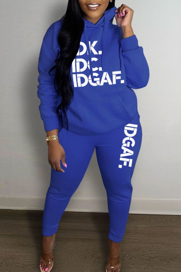 Blue Casual Print Patchwork Hooded Collar Long Sleeve Two Pieces