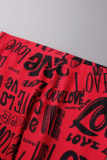 Red Sexy Print Patchwork O Neck Long Sleeve Two Pieces
