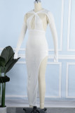 White Sexy Solid Hollowed Out Patchwork See-through Slit Asymmetrical Collar Irregular Dress Dresses
