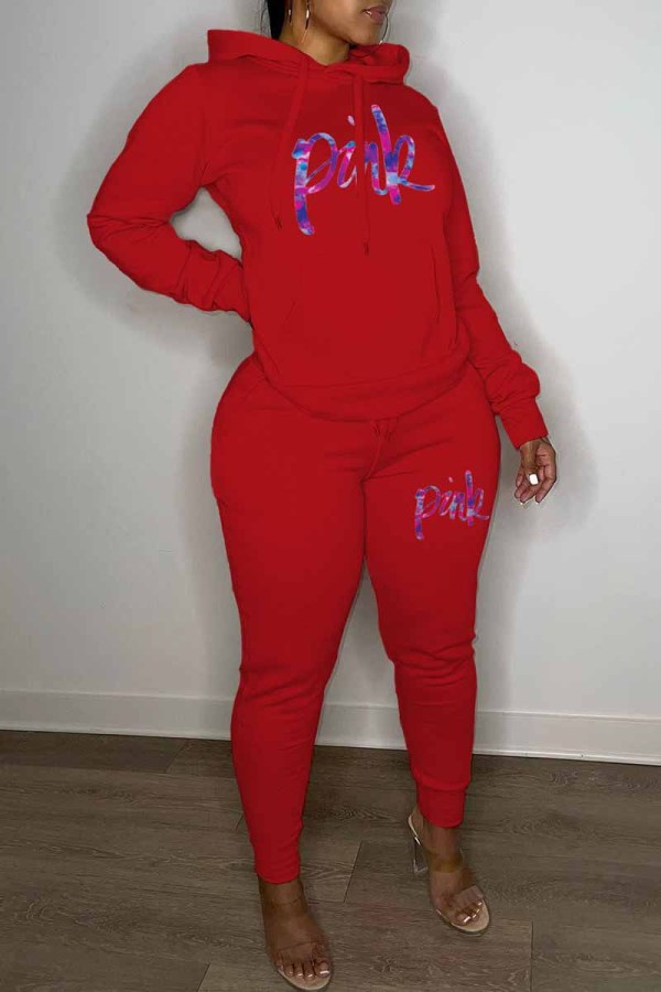 Red Casual Print Letter Hooded Collar Long Sleeve Two Pieces