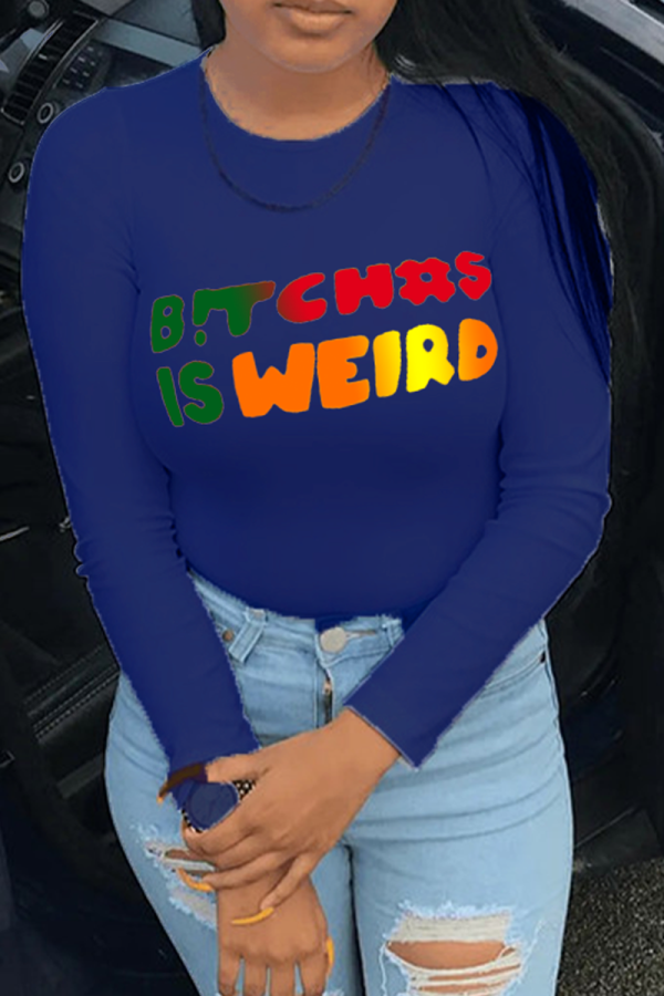 Navy Blue Street Gradual Change Print Letter O Neck Tops