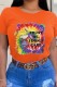 Orange Street Character Print Letter O Neck T-Shirts