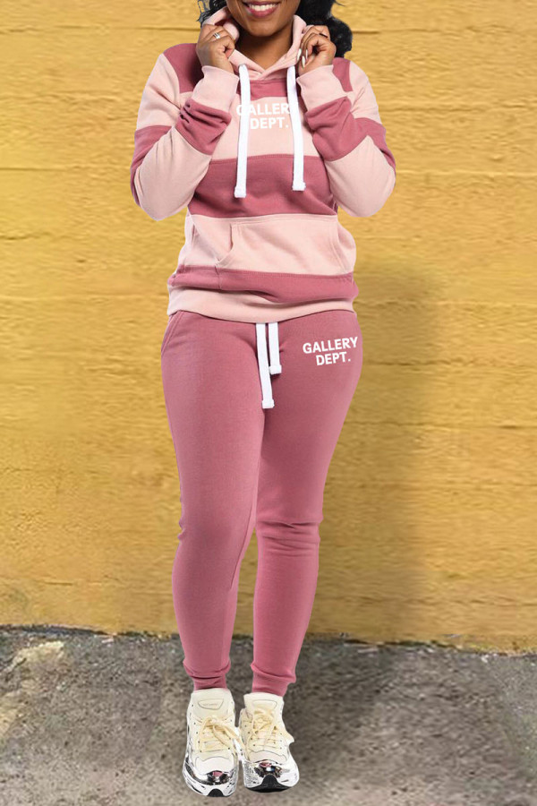 Pink Casual Striped Print Patchwork Hooded Collar Long Sleeve Two Pieces