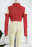 Red Street Solid Bandage Patchwork Zipper Turndown Collar Outerwear