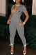 Grey Fashion Street Print Patchwork Turndown Collar Jumpsuits