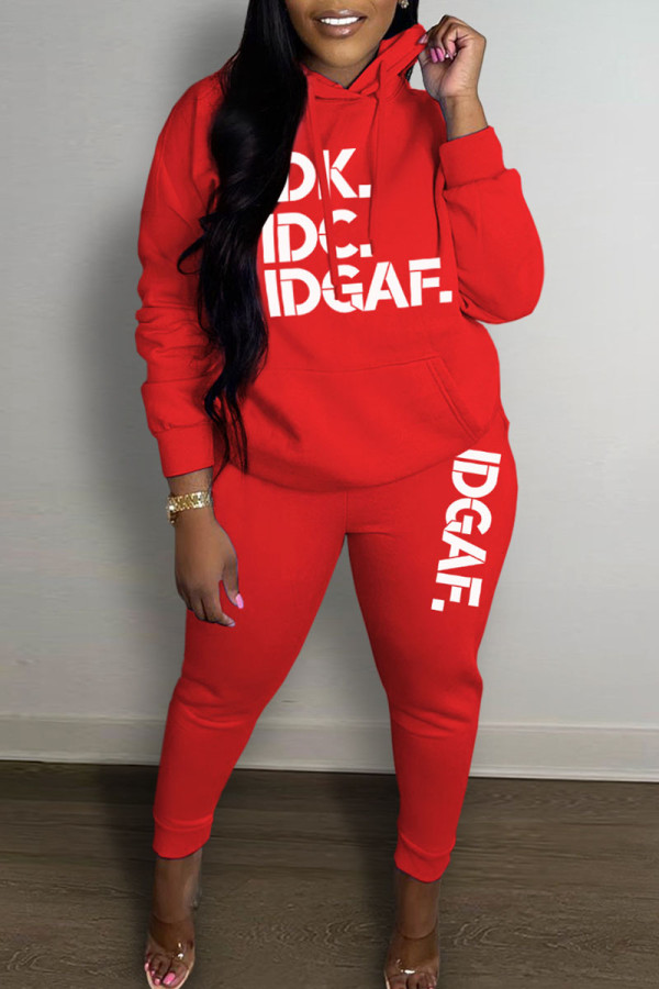 Red Casual Print Patchwork Hooded Collar Long Sleeve Two Pieces