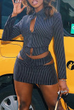 Black Sexy Street Striped Print Hollowed Out Patchwork Asymmetrical Turndown Collar Long Sleeve Two Pieces
