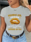 Navy Blue Street Lips Printed Patchwork O Neck T-Shirts