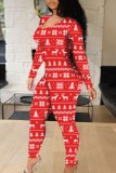 Red Sexy Casual Print Hollowed Out O Neck Skinny Jumpsuits
