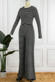 Coffee Casual Striped Print Patchwork O Neck Long Sleeve Two Pieces
