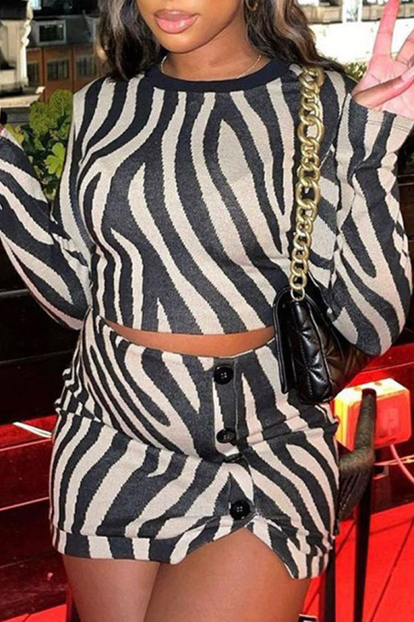 Black Sexy Print Patchwork O Neck Long Sleeve Two Pieces