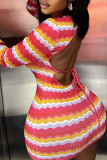 Red Sexy Striped Print Patchwork Backless O Neck Pencil Skirt Dresses