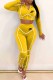 Yellow Street Print Patchwork Hooded Collar Long Sleeve Two Pieces