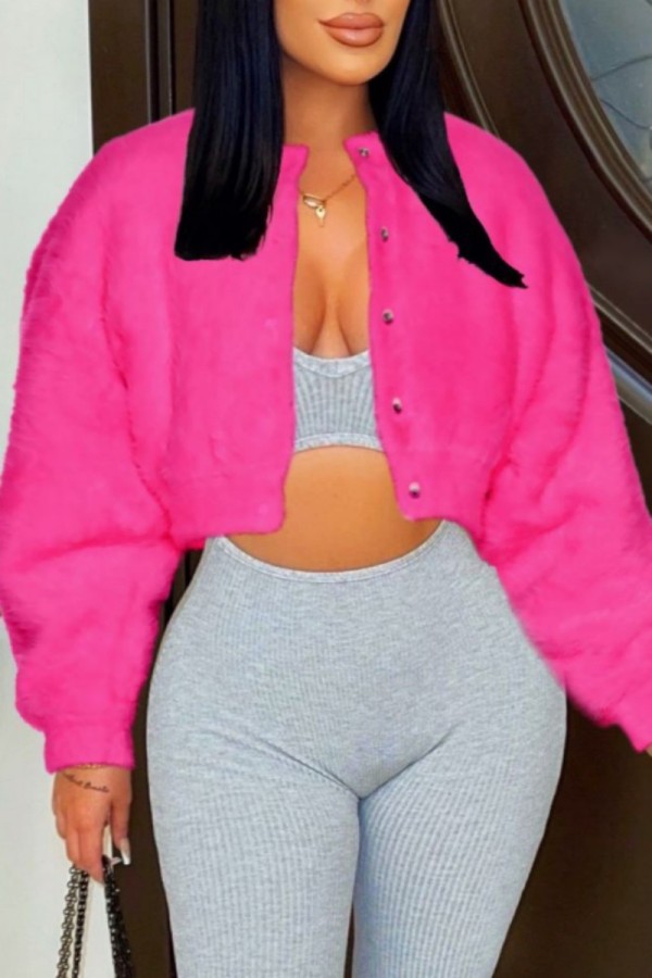 Rose Red Casual Solid Cardigan O Neck Outerwear