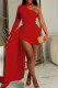 Red Sexy Solid Hollowed Out Patchwork Feathers Turtleneck Long Sleeve Dresses