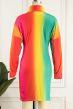 Colour Casual Print Patchwork Zipper Collar Straight Dresses