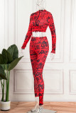 Red Sexy Print Patchwork O Neck Long Sleeve Two Pieces