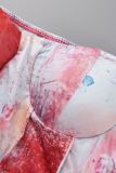 Red Sexy Print Patchwork Square Collar Long Sleeve Two Pieces