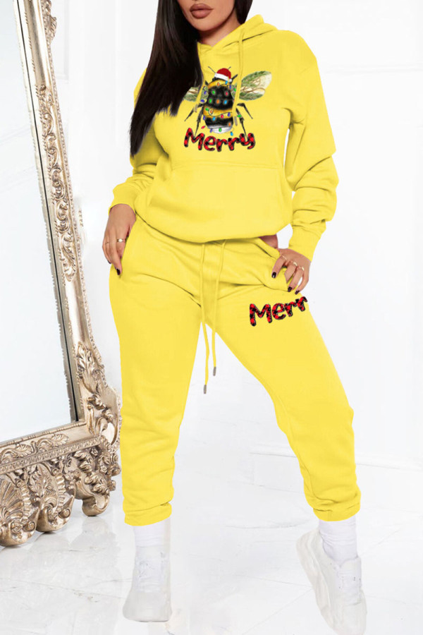 Yellow Casual Print Patchwork Hooded Collar Long Sleeve Two Pieces