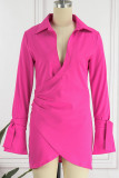 Mustard Green Sexy Casual Solid Patchwork Turndown Collar Long Sleeve Dresses